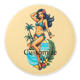 Cute Blackhaired Bikini Beach Girl Thunder_Cove Ceramic Knob