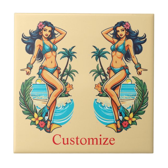 Cute Blackhaired Bikini Beach Girl Thunder_Cove Ceramic Tile (Front)