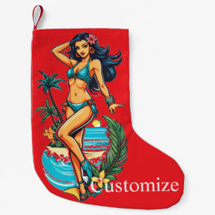 Cute Blackhaired Bikini Beach Girl Thunder_Cove Small Christmas Stocking