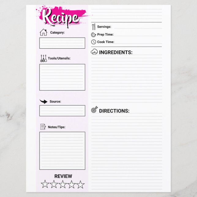 Cute Blank Recipe Paper Sheet (Full Page Fillable) (Front)