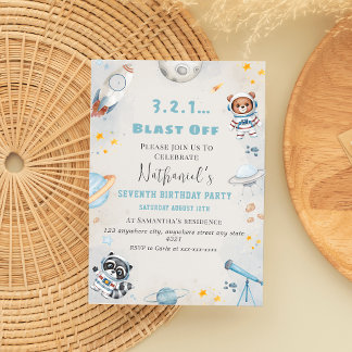 Cute blast off space themed birthday  invitation
