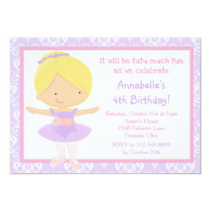 Cute Blonde Ballerina and Purple Damask Invitation
