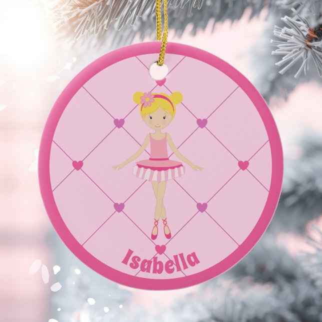 Cute Blonde Ballerina Girl Custom Pink Christmas Ceramic Ornament (Creator Uploaded)