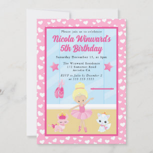 Cute Blonde Ballerina Kids Birthday Invitation
