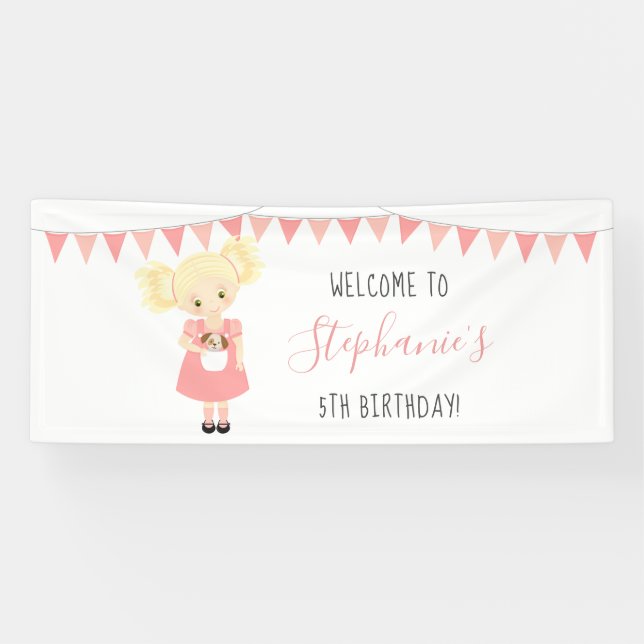 Cute Blonde Birthday Girl and Puppy Banner (Horizontal)