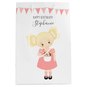Cute Blonde Birthday Girl and Puppy Medium Gift Bag