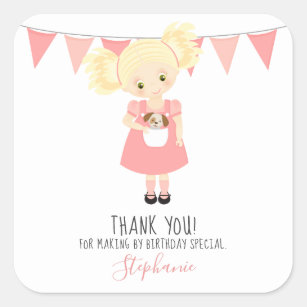 Cute Blonde Birthday Girl and Puppy Square Sticker