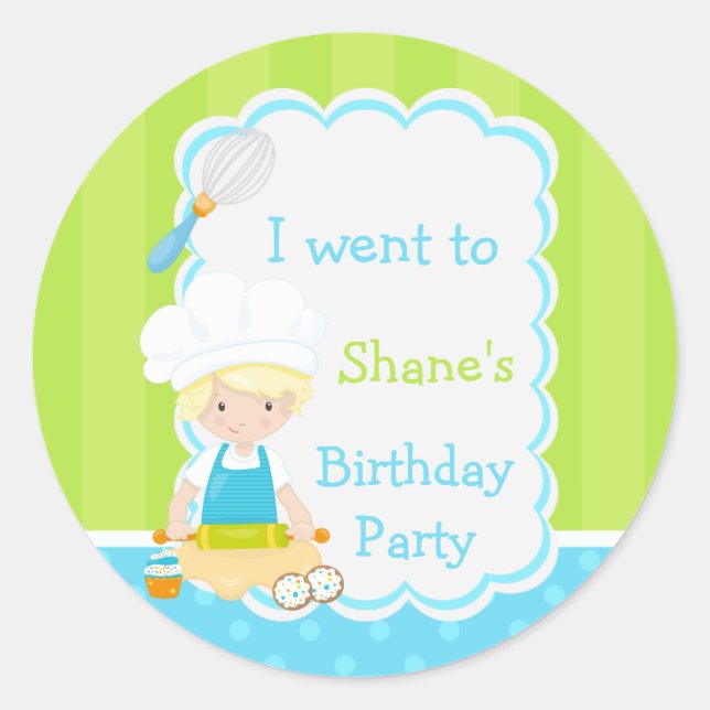 Cute Blonde Boy Baking Birthday Party Classic Round Sticker (Front)