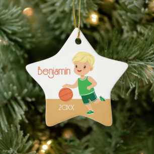 Cute Blonde Boy Basketball Personalised Christmas Ceramic Ornament