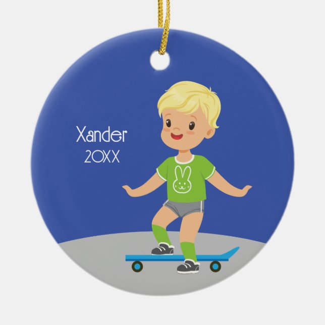 Cute Blonde Boy Skateboard Ceramic Ornament (Front)