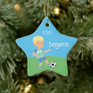 Cute Blonde Boy Soccer Personalised Christmas Ceramic Ornament
