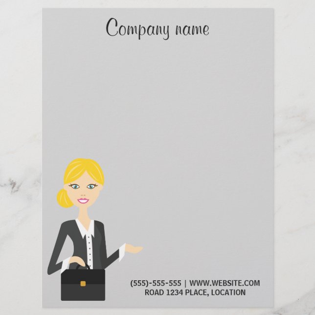 Cute Blonde Business Woman Illustration Letterhead Design (Front)