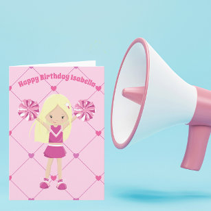 Cute Blonde Cheerleader Custom Pink Birthday Girl Card