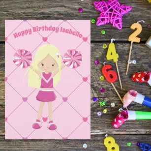 Cute Blonde Cheerleader Custom Pink Girls Birthday Card