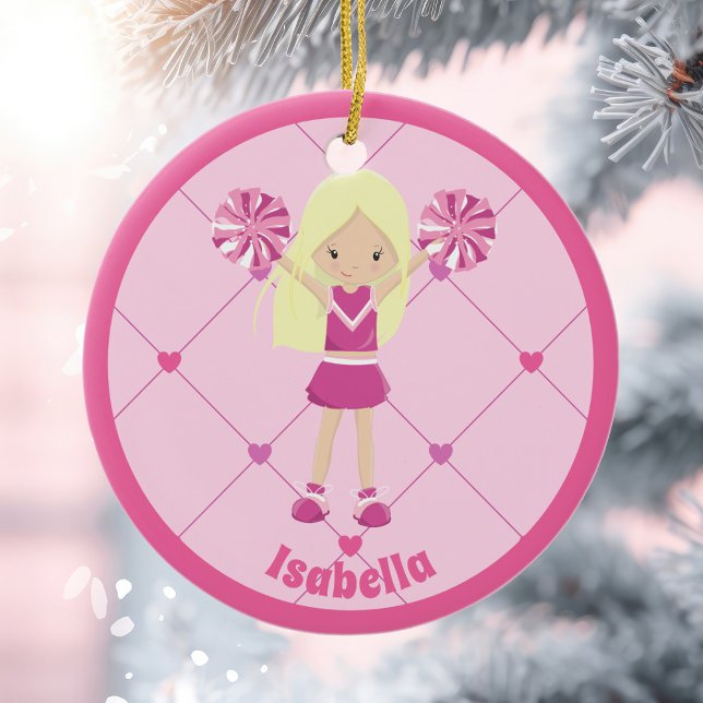 Cute Blonde Cheerleader Pink Custom Christmas Ceramic Ornament (Creator Uploaded)
