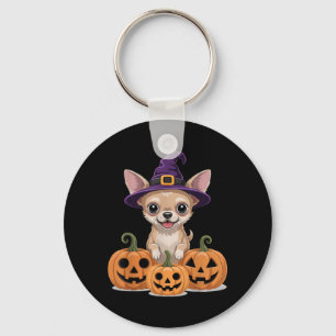 Cute Blonde Chihuahua Witch Hat Halloween Dog Key Ring