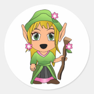 Cute Blonde Elf Girl in Green Classic Round Sticker