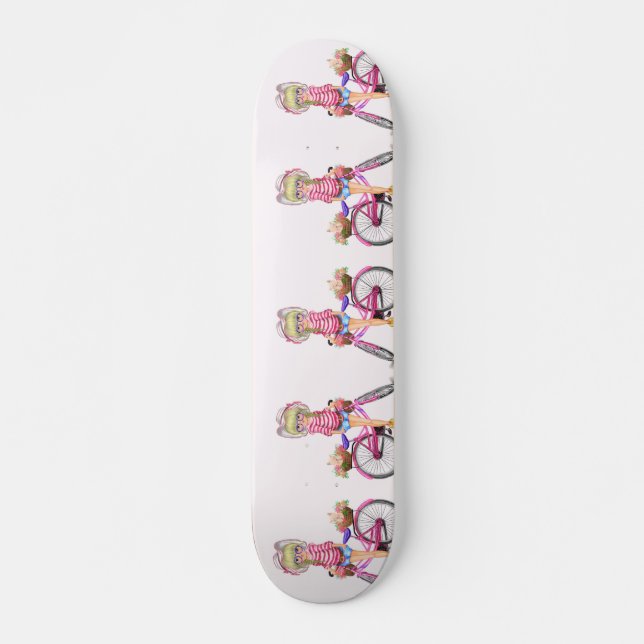 Cute Blonde Girl and Pink Bike with Cat in Flowers Skateboard (Front)