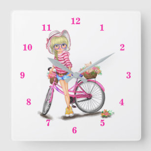 Cute Blonde Girl and Pink Bike with Cat in Flowers Square Wall Clock