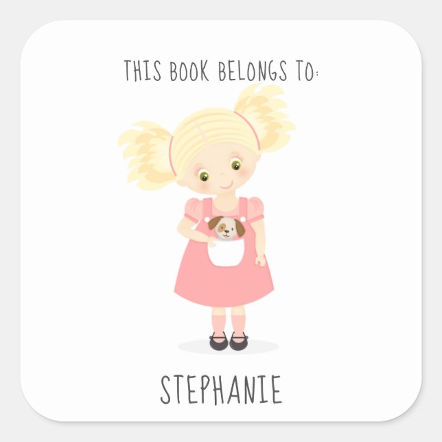 Cute Blonde Girl and Puppy This Book Belongs to Square Sticker (Front)