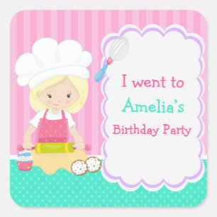 Cute Blonde Girl Baking Birthday Party Square Sticker