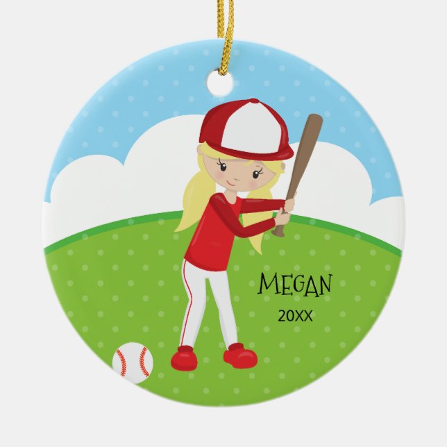 Cute Blonde Girl Baseball Personalised Christmas Ceramic Ornament (Front)