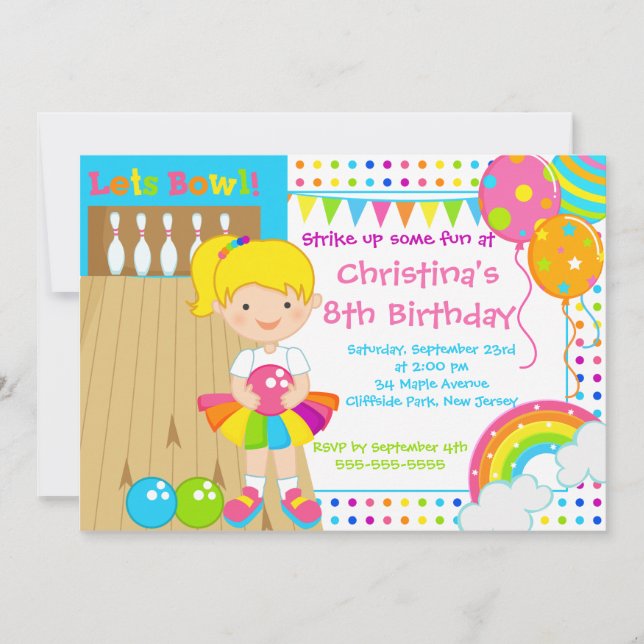 Cute Blonde Girl Bowling Birthday Party Invitation (Front)