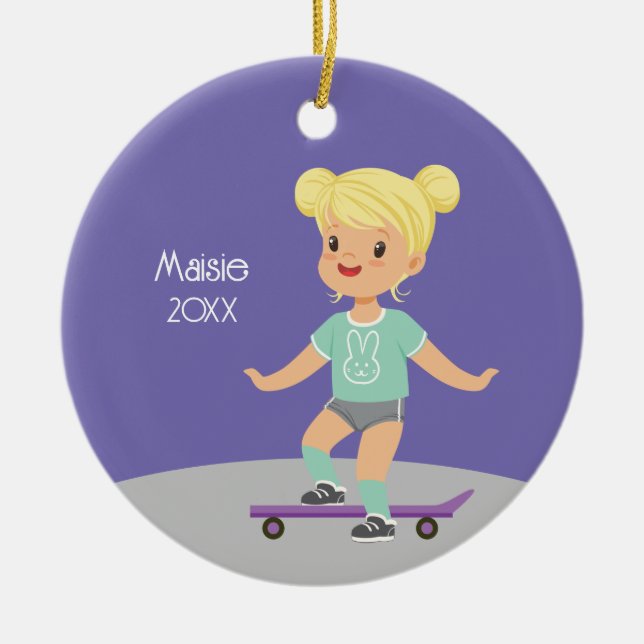 Cute Blonde Girl Skateboard Ceramic Ornament (Front)