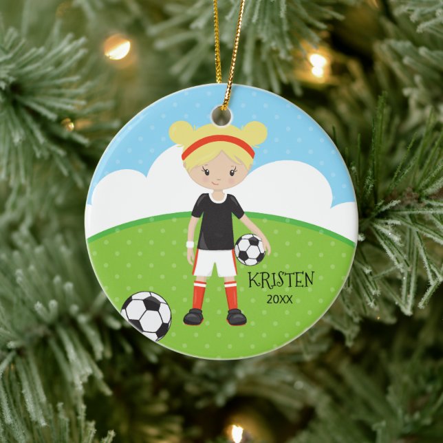 Cute Blonde Girl Soccer Personalised Christmas Ceramic Ornament (Tree)