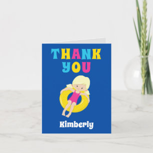 Cute Blonde Girl Swimming Pool Party Custom Kids Thank You Card