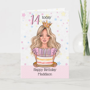 Cute Blonde Girl with Birthday Cake Greeting Card