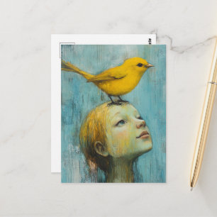 Cute Blonde Girl with large yellow bird on her hea Postcard