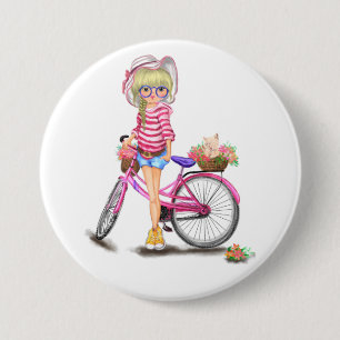 Cute Blonde Girl with Pink Bike and Cat in Flowers 7.5 Cm Round Badge