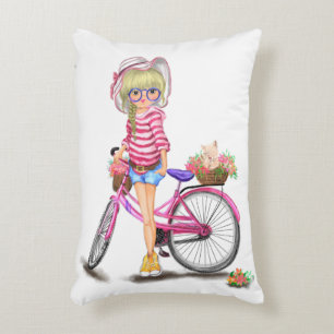 Cute Blonde Girl with Pink Bike and Cat in Flowers Decorative Cushion