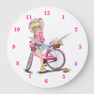 Cute Blonde Girl with Pink Bike and Cat in Flowers Large Clock