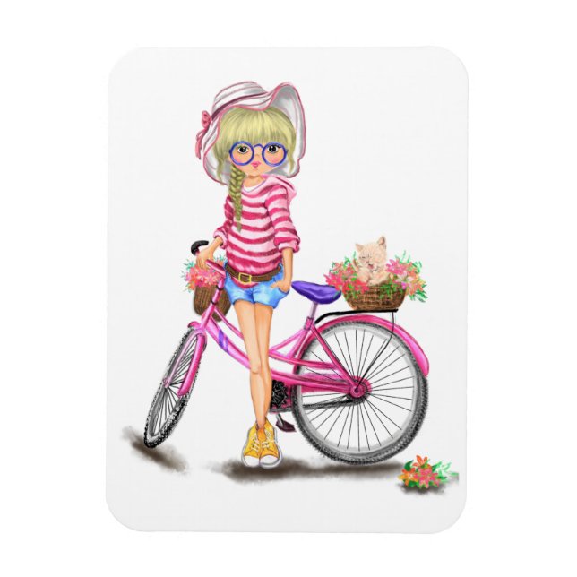 Cute Blonde Girl with Pink Bike and Cat in Flowers Magnet (Vertical)