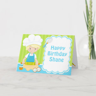 Cute Blonde Hair Boy Baking Birthday Party Card