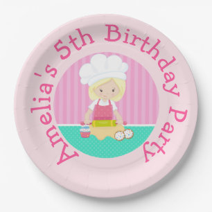 Cute Blonde Hair Girl Baking Birthday Party Paper Plate