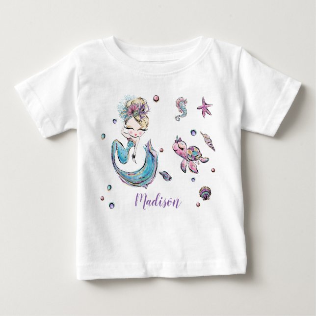 Cute Blonde Hair Mermaid Under the Sea Girl Baby T-Shirt (Front)