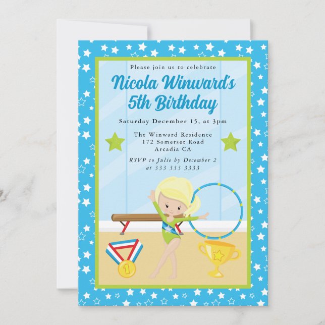 Cute Blonde Haired Girl Gymnast  Kids Birthday  Invitation (Front)