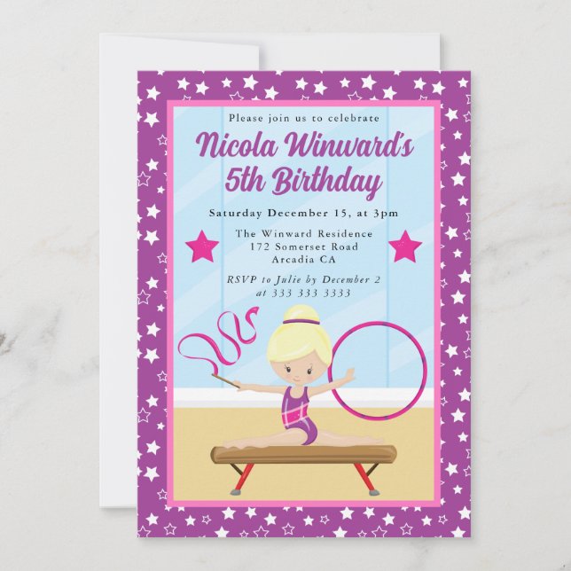 Cute Blonde Haired Girl Gymnast  Kids Birthday  Invitation (Front)