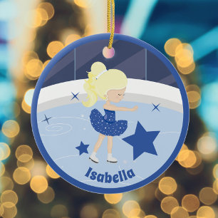Cute Blonde Ice Skating Girl Custom Blue Christmas Ceramic Ornament