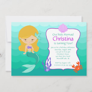 Cute Blonde Mermaid Birthday Invitation