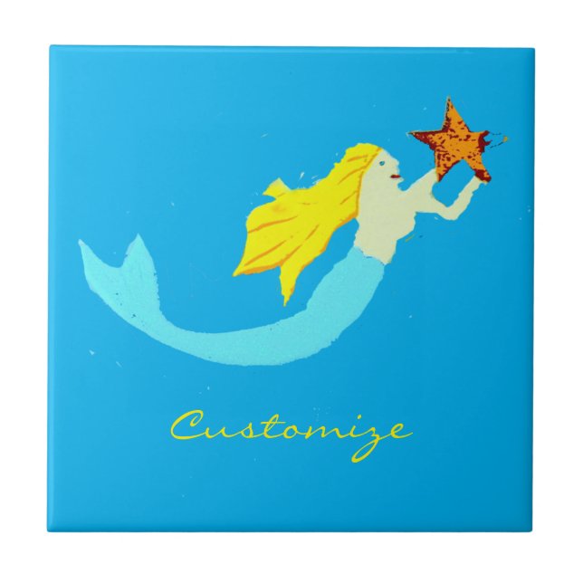Cute Blonde Mermaid with Star Thunder_Cove Ceramic Tile (Front)