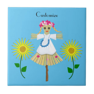 Cute Blonde Pigtails Scarecrow Ceramic Tile