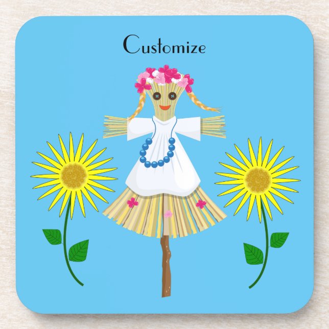 Cute Blonde Pigtails Scarecrow Coaster (Front)