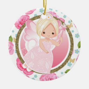 Cute Blonde Pink Floral Fairy Christmas Ceramic Ornament