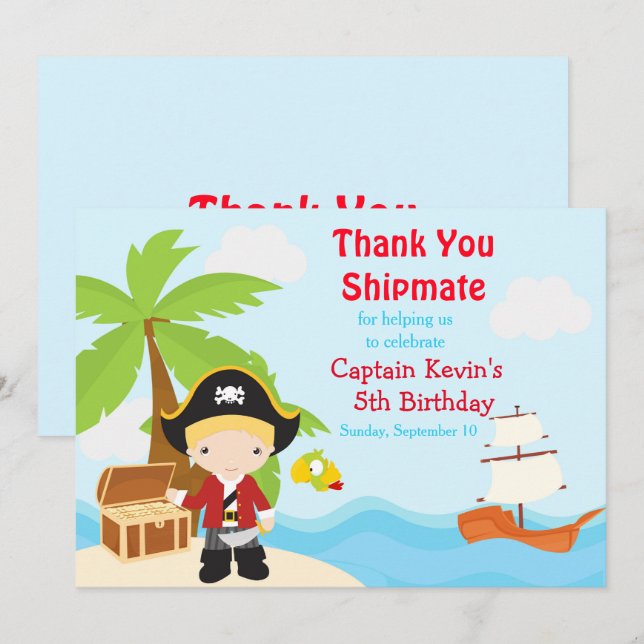 Cute Blonde Pirate Boy Birthday Party Thank You Card (Front/Back)