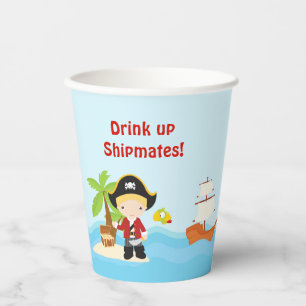 Cute Blonde Pirate Boy in Red Birthday Paper Cups