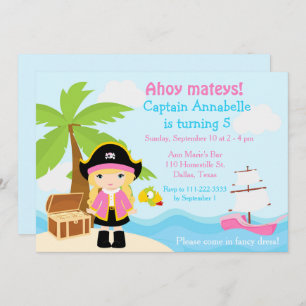 Cute Blonde Pirate Girl in Pink Birthday Party Invitation